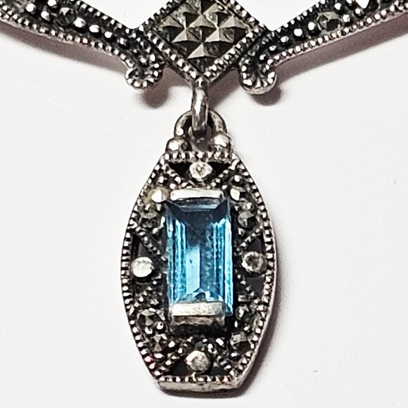 Sterling Silver 925 A Blue Gemstone - Marcasite Pendant Necklace - Picture 1 of 6